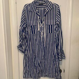 Women's Polo Ralph Lauren Striped Poplin Lace Up Dress Blue + White Size LG